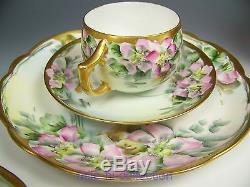 12 Pieces Limoges Bavaria Hand Painted Roses Trio Tea Cups Saucers Artist Signed
