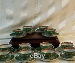 12 Tea Cups & Saucers Emerald Green Cabbage Pattern 19th Century Qing