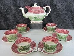 (14) Pc. Antique Staffordshire 2-Color Transferware Tea Set- Teapot Cups Saucers