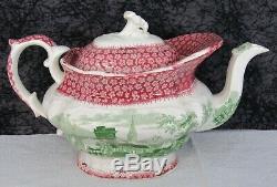 (14) Pc. Antique Staffordshire 2-Color Transferware Tea Set- Teapot Cups Saucers