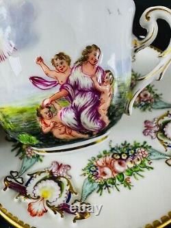 1800s Antique Italian Naples Capodimonte Porcelain Tea Cup & Saucer Cherub