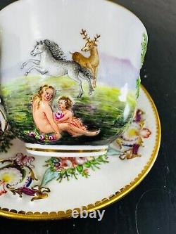 1800s Antique Italian Naples Capodimonte Porcelain Tea Cup & Saucer Cherub