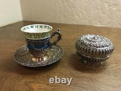 1891 Antique British Royal Worcester Porcelain-Silver Teacup and Jewelry Box