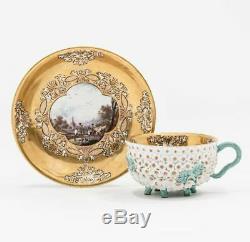 18th Century Meissen Porcelain Schneeballen Gilt Teacup and Saucer