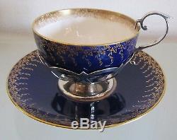 1908 ANTIQUE MINTONS Tea Cup & Saucer with Sterling Silver Holder & Handle=RARE