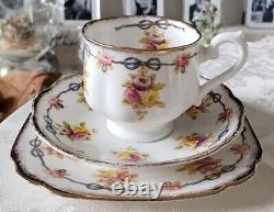 1920s Antique Royal Albert Blue ribbon, rose and flower cup & saucer Plate Trio