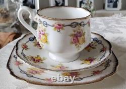 1920s Antique Royal Albert Blue ribbon, rose and flower cup & saucer Plate Trio