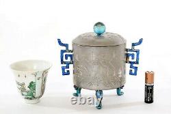 1930's Chinese Pewter Enamel Wine Warmer Pot Jar Famille Rose Porcelain Tea Cup