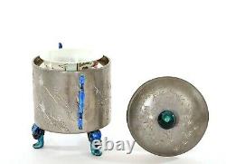 1930's Chinese Pewter Enamel Wine Warmer Pot Jar Famille Rose Porcelain Tea Cup