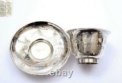 1930's Chinese Solid Silver Flower Wine Tea Cup & Saucer Marked