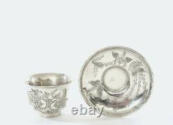 1930's Chinese Solid Silver Flower Wine Tea Cup & Saucer Marked
