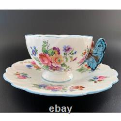 1930s Antique Aynsley butterfly handle Flower Tea Cup & Saucer