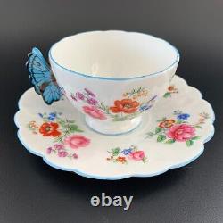 1930s Antique Aynsley butterfly handle Flower Tea Cup & Saucer