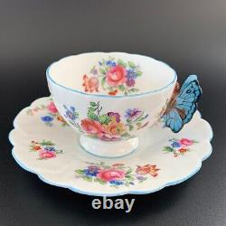 1930s Antique Aynsley butterfly handle Flower Tea Cup & Saucer