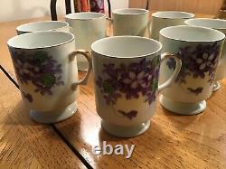 1940s Norcrest Japan Set Of 8-Footed Tea Cups Gold Trim Sweet Violets