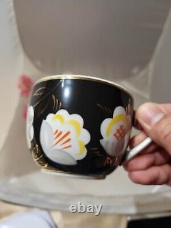 1950s Antique Porcelain USSR Tea Cup & Saucer Verbilki Stamped Black Yellow Gold