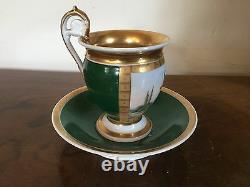 19th c. Antique French Empire Old Paris Porcelain Tea Cup & Saucer Gilt Green