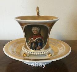 19th c. Antique French Empire Old Paris Porcelain Tea Cup & Saucer King Portrait