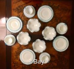 20 Piece Fenton Aqua Crest Milk Glass Tea Cups, Saucers, Plates, & Compote