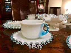 20 Piece Fenton Aqua Crest Milk Glass Tea Cups, Saucers, Plates, & Compote