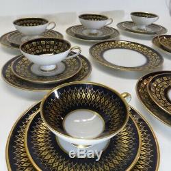 24 Pc Hutschenreuther Hohenberg Cobalt Blue Gold Tea Cup Saucer Set 1814 Germany