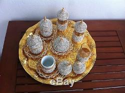24 Pc Turkish Arabic Coffee Water Tea Cup Saucer Tray Made with Swarovski GOLD