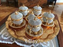 27 Pc Turkish Arabic-Coffee-Espresso-Tea Big Cup-Saucer Swarovski Set -GOLD