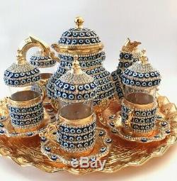 28 Pc Turkish Arabic GLASS TEA Cup Saucer TEAPOT EVIL EYE Decorated Crystal Set