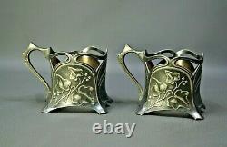 2 Antique 1900s Art Nouveau WMF Silver plate Tea Cup Holders Ivy Leaf&Berry Pair