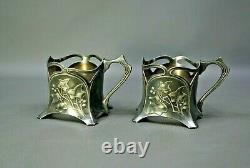 2 Antique 1900s Art Nouveau WMF Silver plate Tea Cup Holders Ivy Leaf&Berry Pair