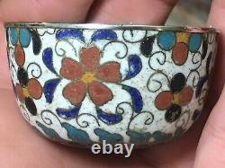2 Antique Japanese Small Cloisonne Enameled Tea Bowls Cups Silver Lined Marked