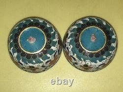 2 Antique Japanese Small Cloisonne Enameled Tea Bowls Cups Silver Lined Marked