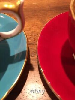 (2) Aynsley China Tea Cup & Saucer Turquoise & Maroon Fruit Orchard D Jones EC