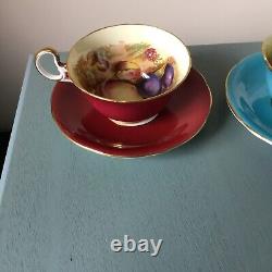 2 Aynsley Cups Saucers Orchard Fruit England Teacups D Jones Turquoise Cranberry