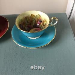 2 Aynsley Cups Saucers Orchard Fruit England Teacups D Jones Turquoise Cranberry