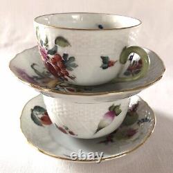 2 Vintage Teacup Set Fruit & Flowers Herend Hungary Hand-painted Gold Trim #1726