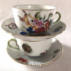 2 Vintage Teacup Set Fruit & Flowers Herend Hungary Hand-painted Gold Trim #1726