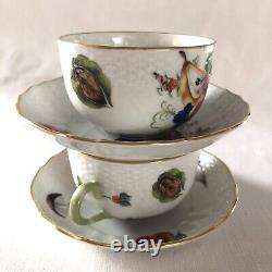 2 Vintage Teacup Set Fruit & Flowers Herend Hungary Hand-painted Gold Trim #1726