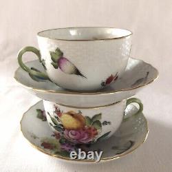 2 Vintage Teacup Set Fruit & Flowers Herend Hungary Hand-painted Gold Trim #1726