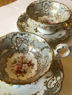 2x Antique Coalport Adelaine shape tea cups & saucers batwing handle c1840