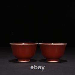 3.1 China Antique ming dynasty Porcelain xuande mark pair red glaze Tea cups