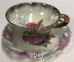 3 Set Reticulated Flowers Bouquet Pedestal With Gold Handles Tea Cups & Saucers