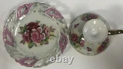 3 Set Reticulated Flowers Bouquet Pedestal With Gold Handles Tea Cups & Saucers