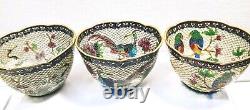 3 antique handmade Chinese enamel figural Plique a jour bronze tea cups bowl