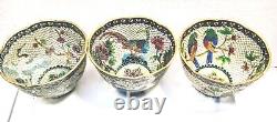 3 antique handmade Chinese enamel figural Plique a jour bronze tea cups bowl