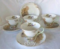 4 SETS SHELLEY England HEATHER Impressionism StoneBridge BoneChina Teacup Saucer