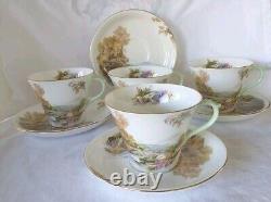 4 SETS SHELLEY England HEATHER Impressionism StoneBridge BoneChina Teacup Saucer