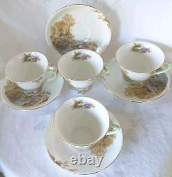 4 SETS SHELLEY England HEATHER Impressionism StoneBridge BoneChina Teacup Saucer