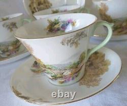 4 SETS SHELLEY England HEATHER Impressionism StoneBridge BoneChina Teacup Saucer