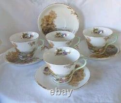 4 SETS SHELLEY England HEATHER Impressionism StoneBridge BoneChina Teacup Saucer